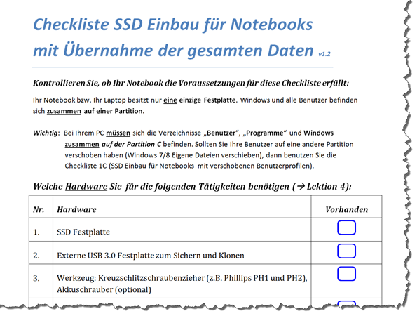 SSD Festplatte einbauen - Checkliste 1